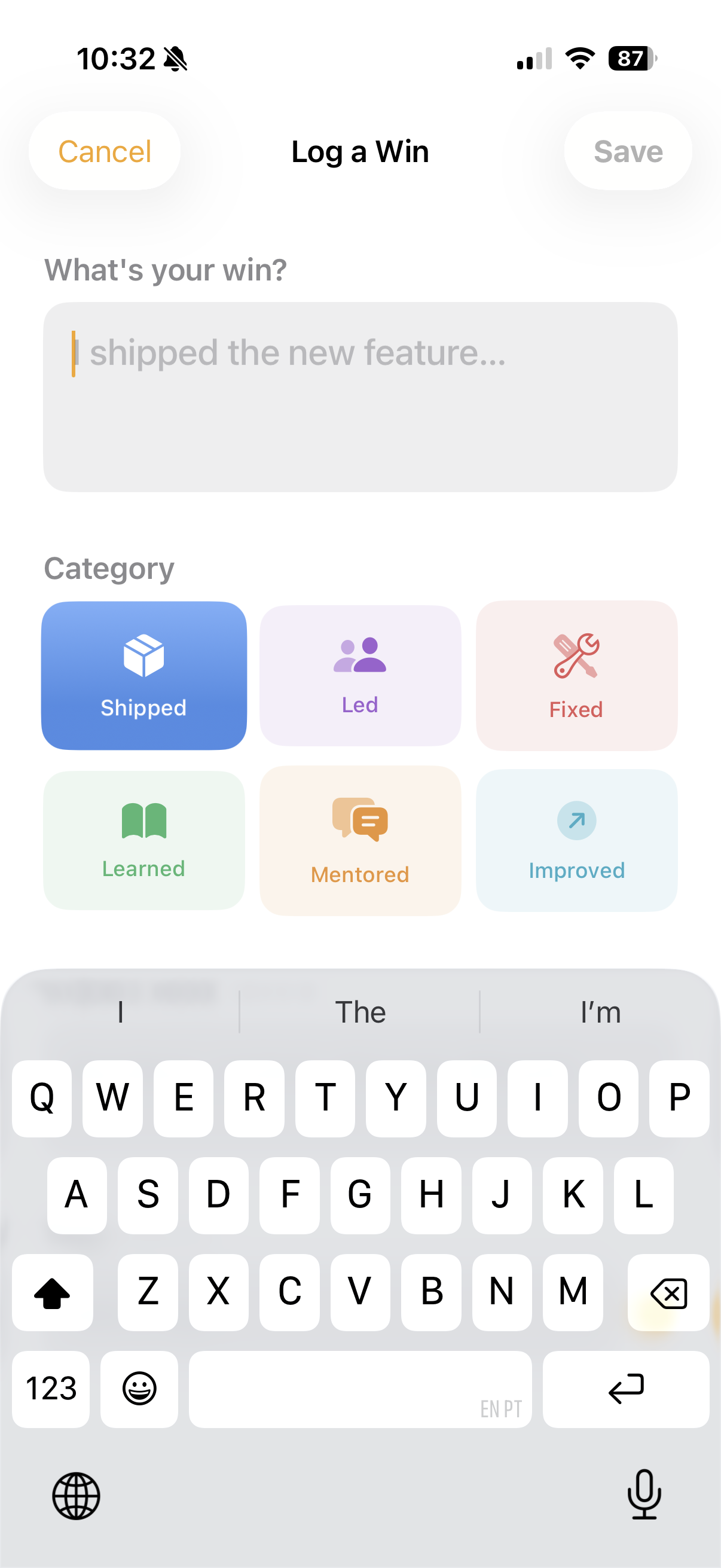 Log a win — quick entry with category selection