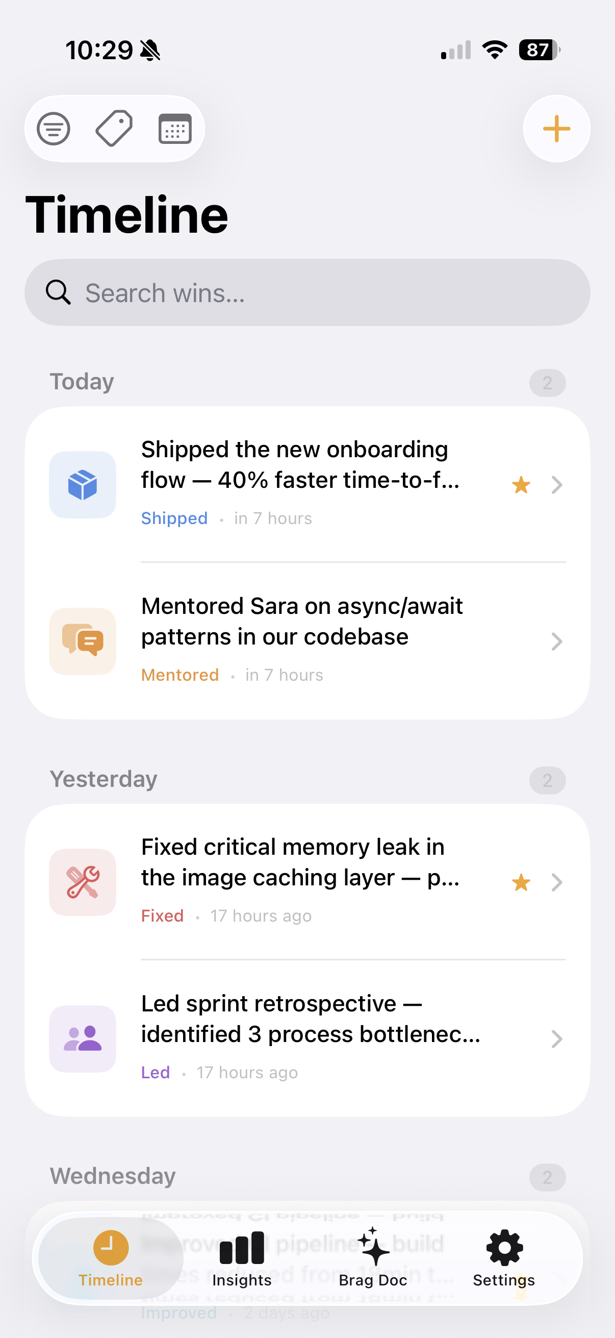 BragLog Timeline — daily wins organized by date