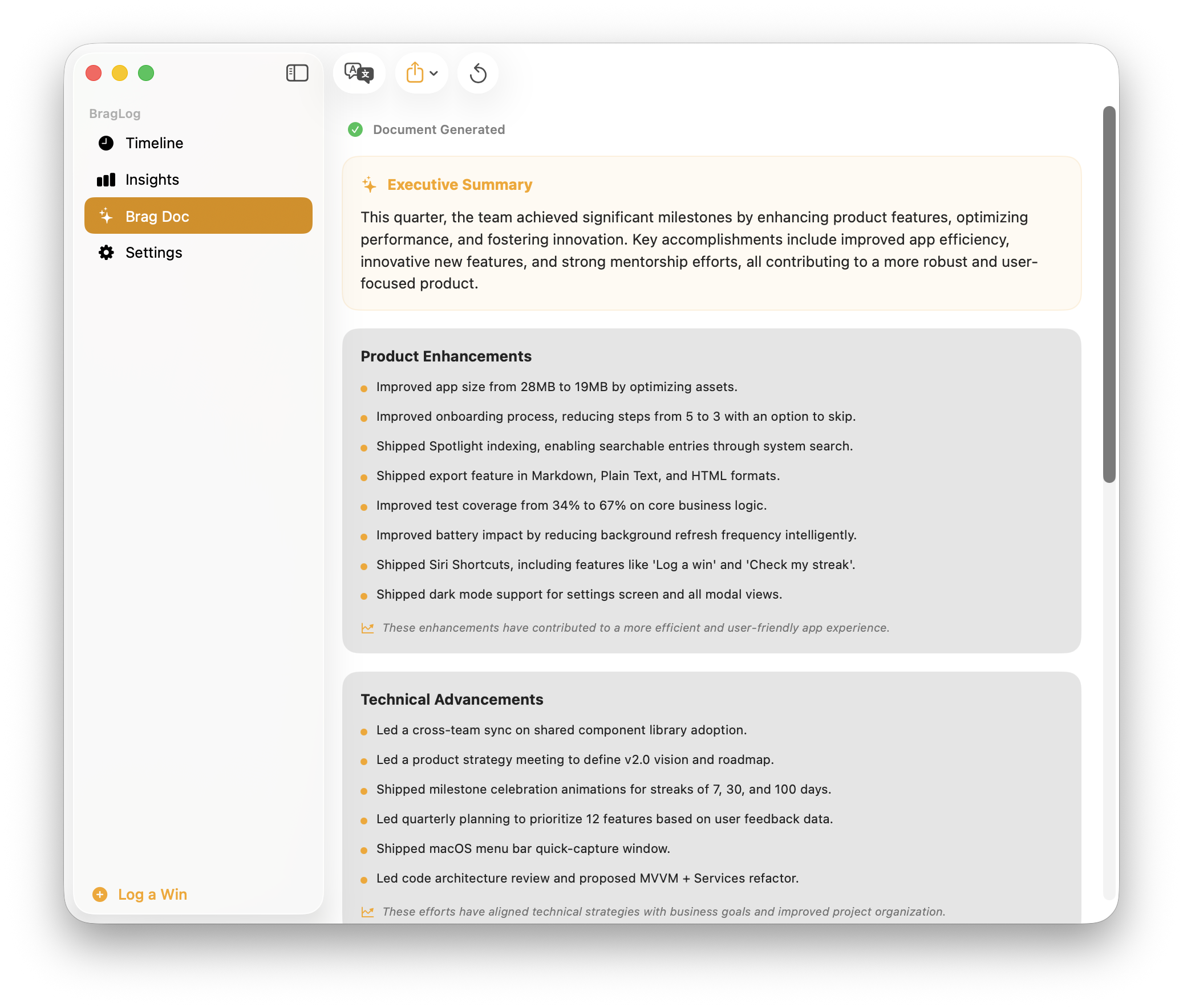 BragLog on Mac — AI-generated brag document